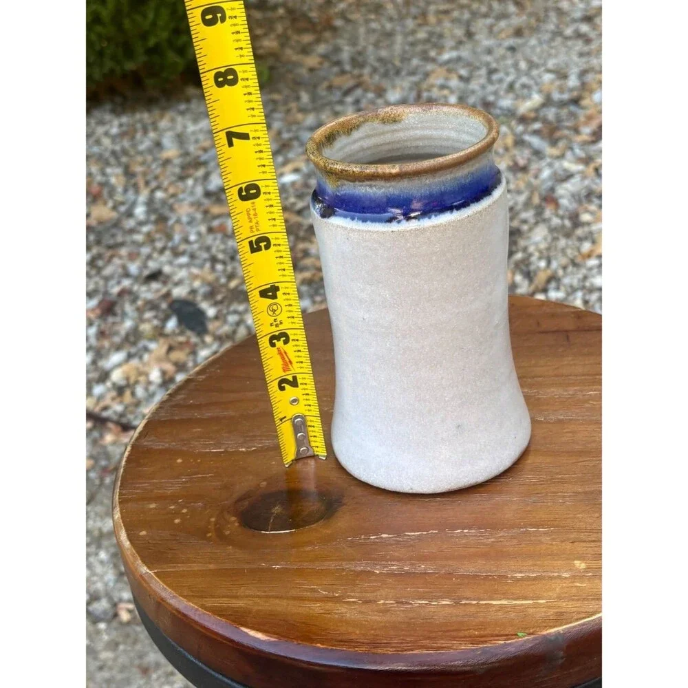 Handmade Studio Pottery Stoneware Pitcher White Blue Brown Glaze Signed